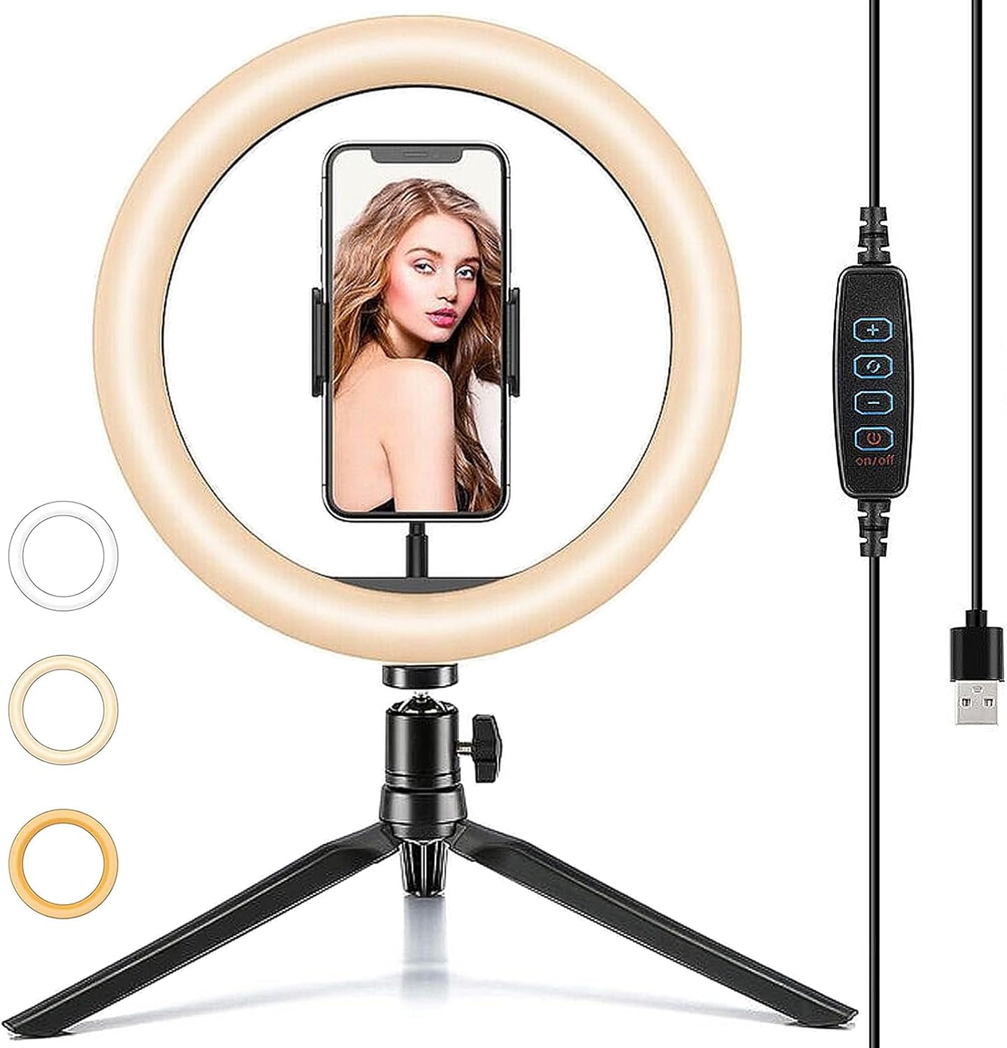 Moyawsdgn 10 inch desk ring light front view showing illuminated LED halo.