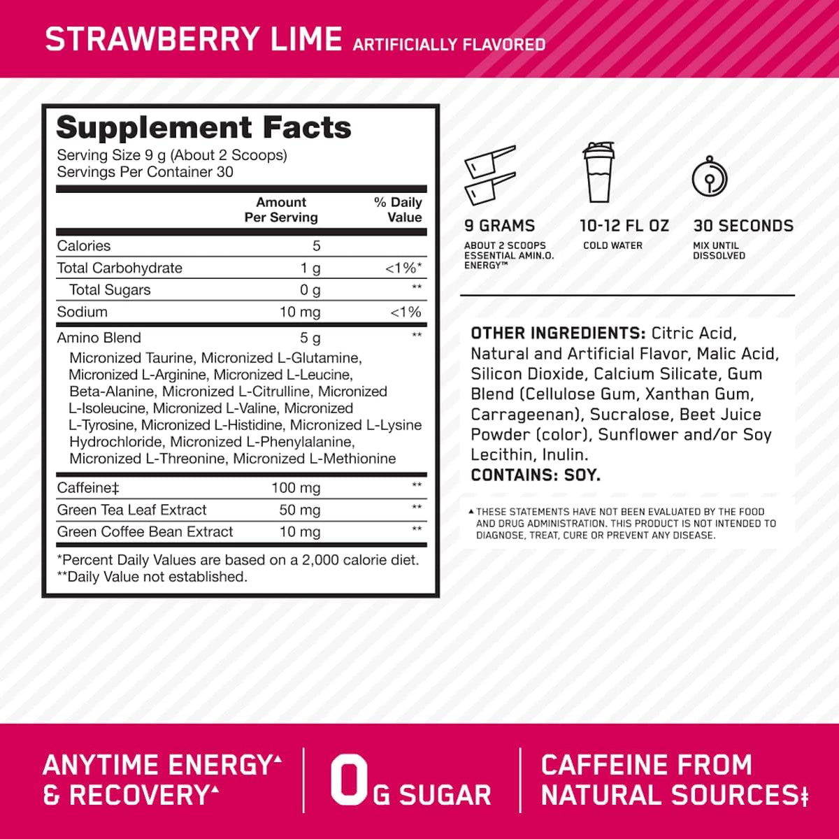 Authentic Optimum Nutrition imported pre workout powder nutritional facts label