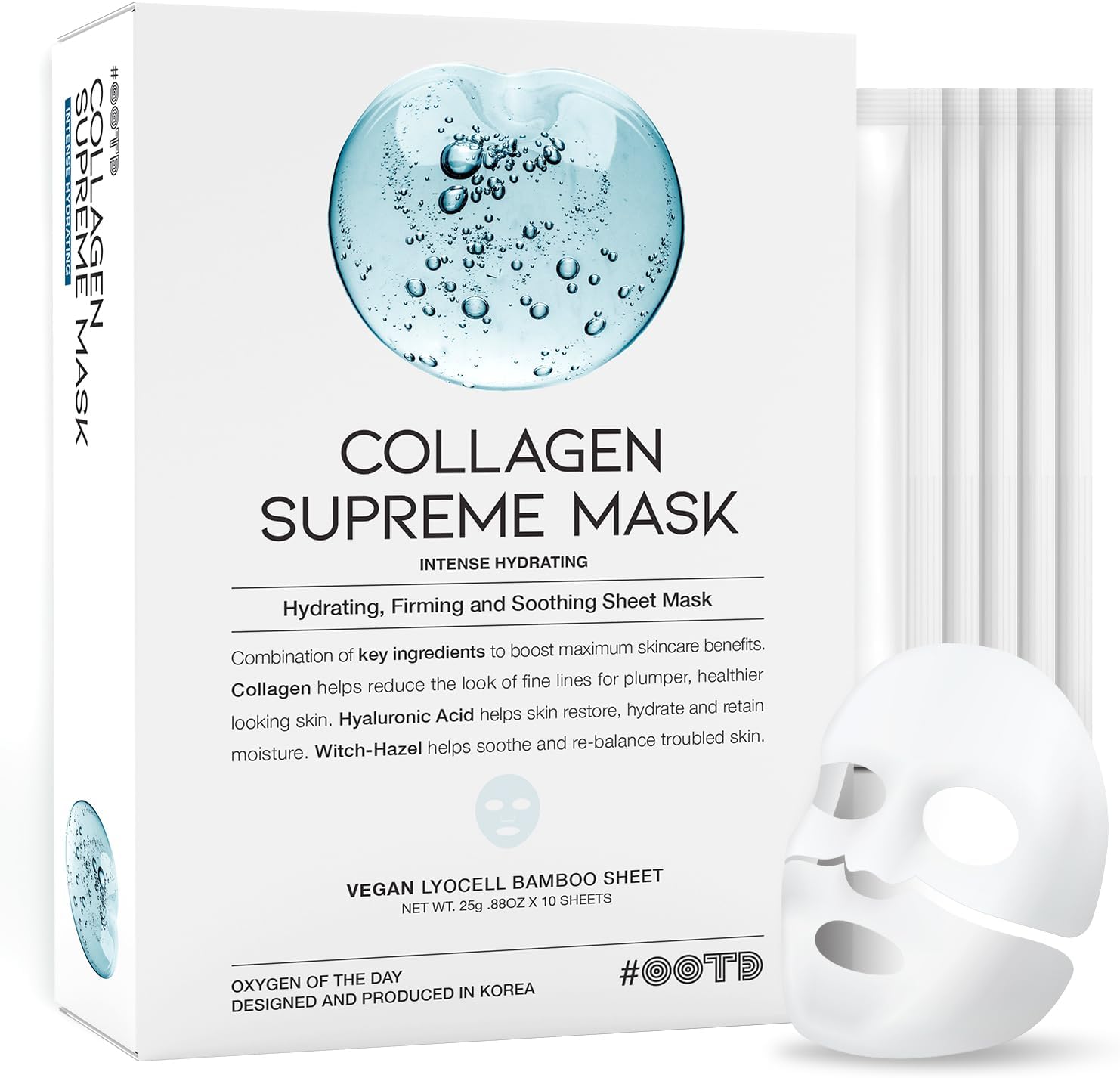 #OOTD Collagen Hydrating Sheet Masks for Face Korean Anti Aging Mask Sheet for Dry Skin & Sensitive Skin, EVE Vegan, Not Tested on Animals, No Parabens, No Sulfates, Hyaluronic Acid, Witch Hazel 10EA - Image 1