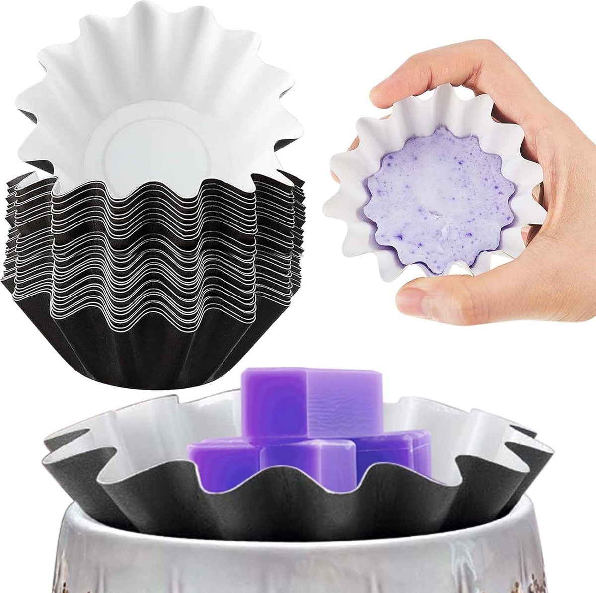 Boao wax melt liners 25 piece black pack front view in an electric warmer