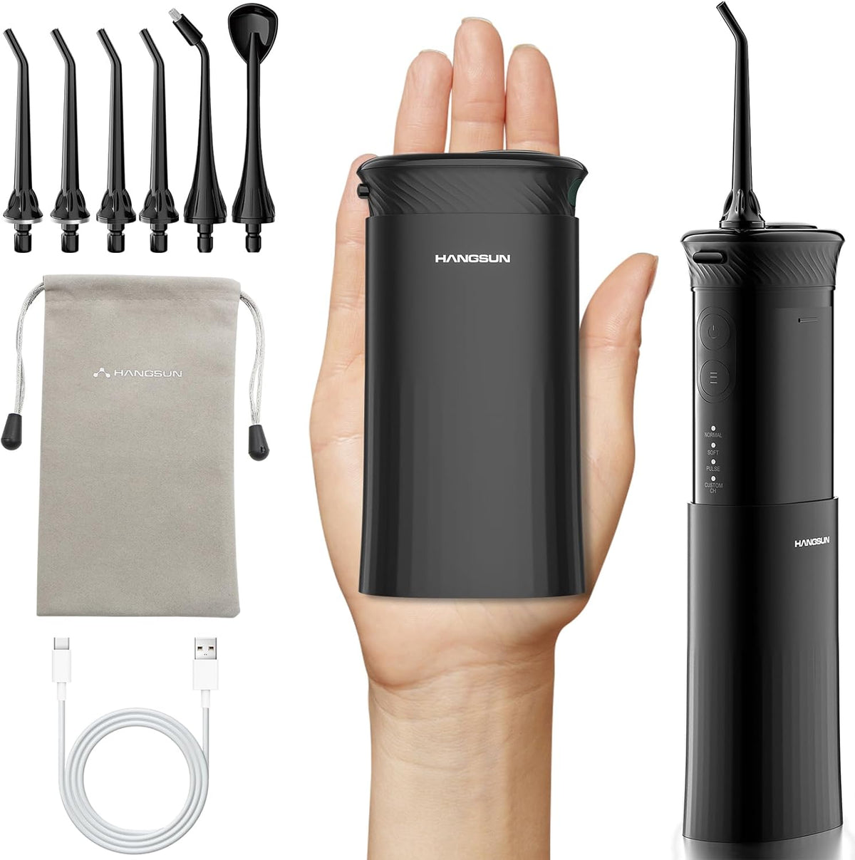 HANGSUN water flosser for teeth portable travel cordless front view showing black design