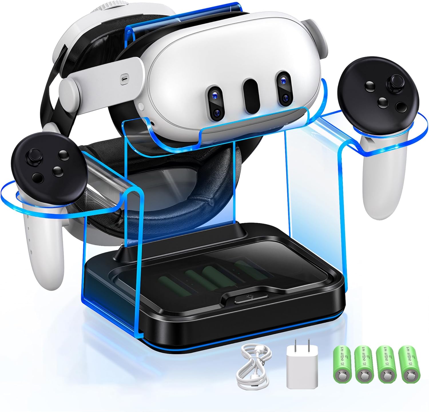 Heylacoolx VR charging dock station front view showing headset stand and battery slots