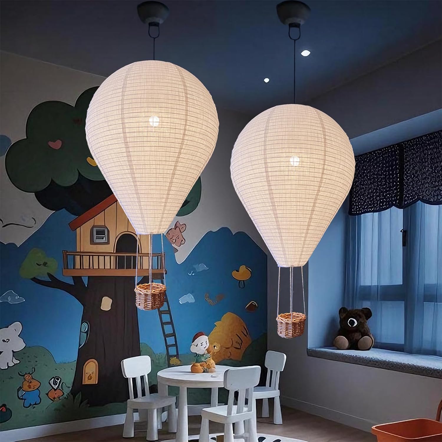 Oetmilc handmade hot air balloon lamp shades front view hanging in a beautifully lit child nursery room.