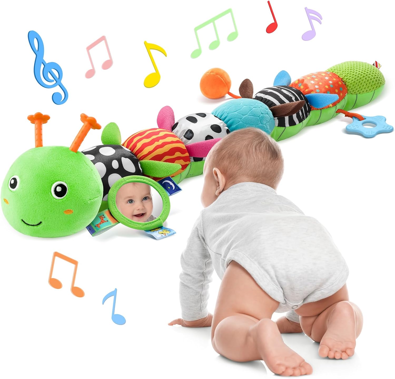 KMUYSL musical caterpillar baby sensory toy front view showing grass green plush body