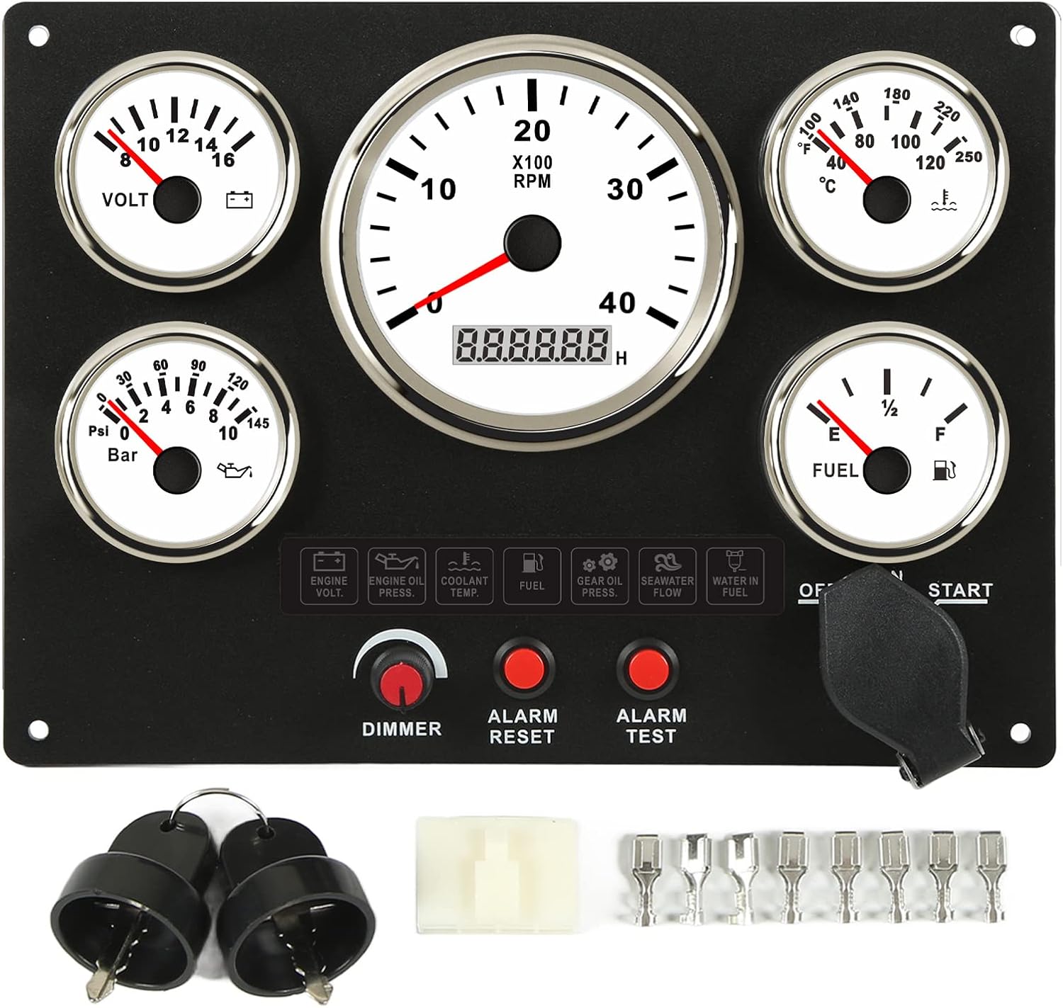 Psytfei boat instrument panel front view showing five white dial marine gauges