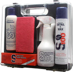 S S100 motorcycle detailing kit components laid out with drying towel and sponge