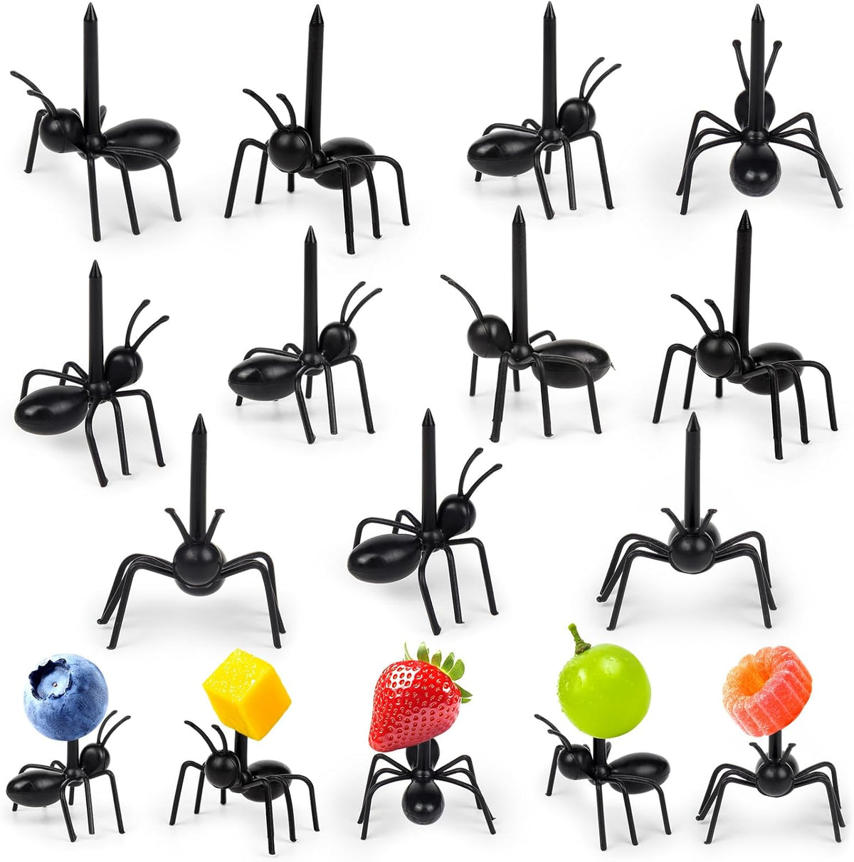 WATMTIN reusable ant toothpicks front view showcasing 36 pieces of black insect shaped food picks on a table