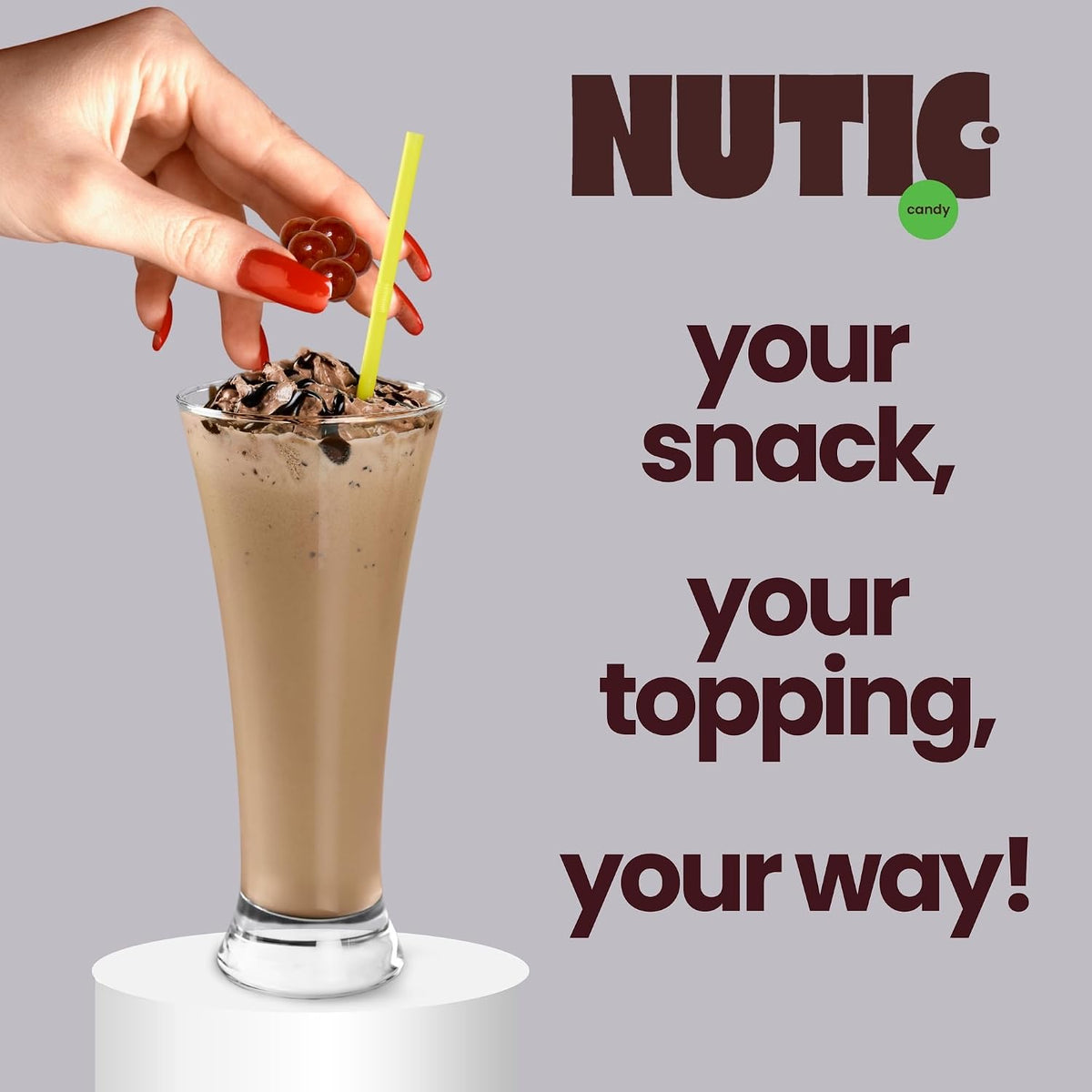 Nutic dark chocolate espresso candy used as a gourmet dessert topping.