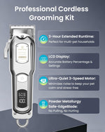 M&M STAR all metal pet grooming trimmer showing digital battery display screen.