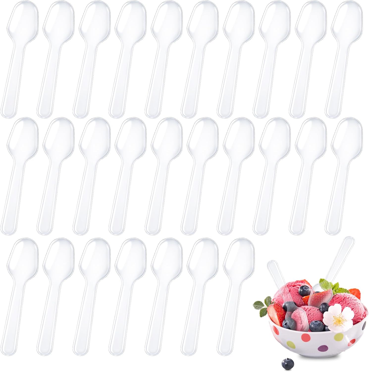 XJMWXHFC clear plastic mini spoons pack front view for catering desserts