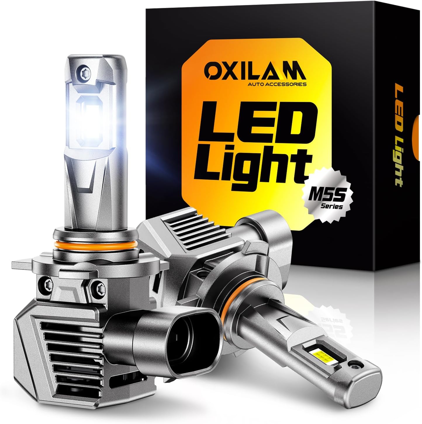 OXILAM 9012 LED Bulbs pack of 2 front view showcasing the premium aviation aluminum body and integrated plug design for automotive headlight upgrades.