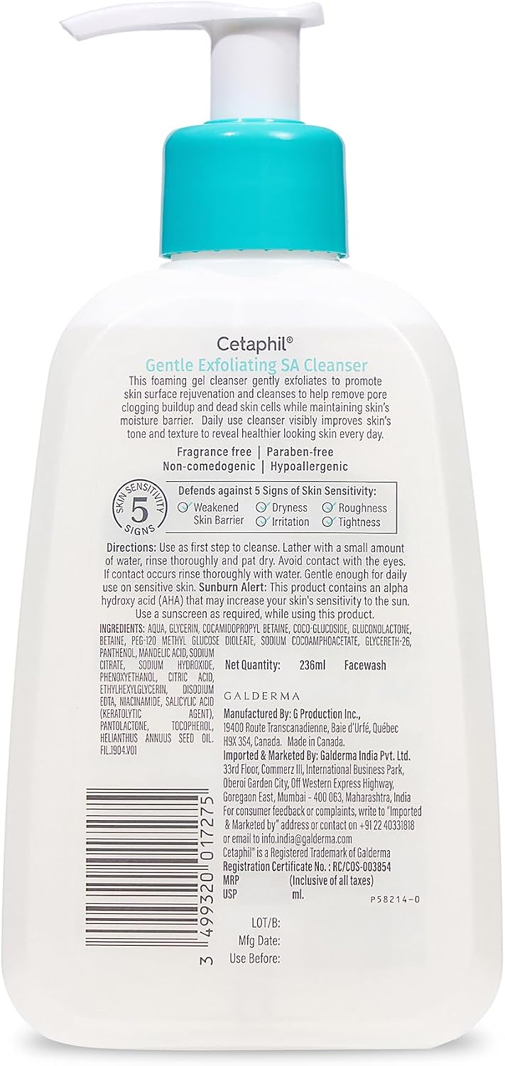 Cetaphil sa face wash packaging and cap details
