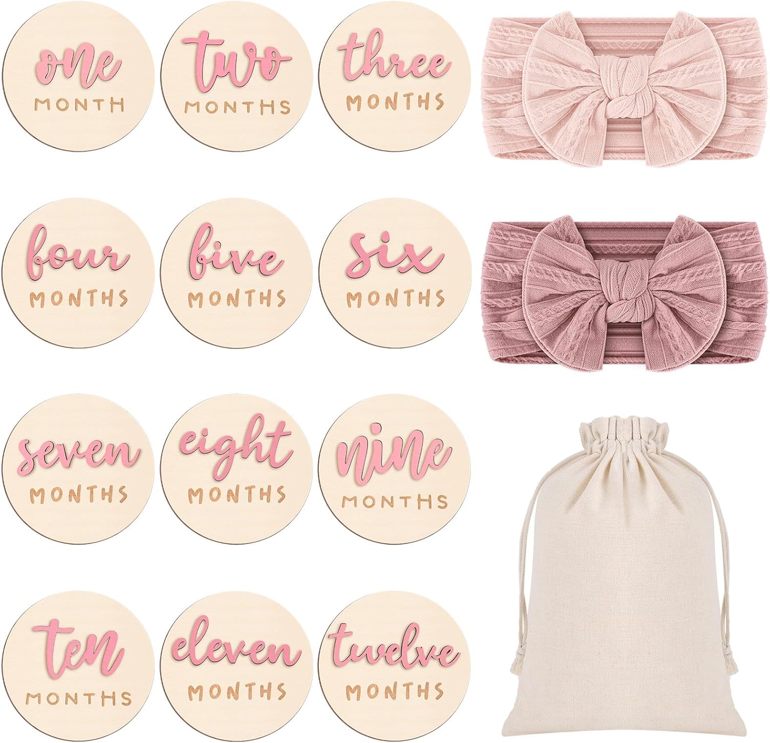 Booson 3D pink monthly baby milestone sign front view showing wooden discs and pink bow headbands