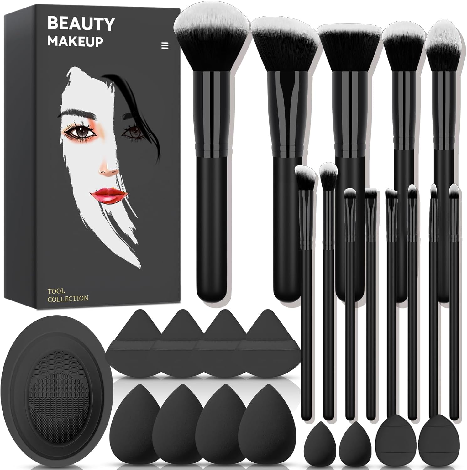 Koccido 26 piece makeup brush kit front view displaying premium black synthetic brushes and colorful blending sponges.
