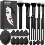 Koccido 26 piece makeup brush kit front view displaying premium black synthetic brushes and colorful blending sponges.