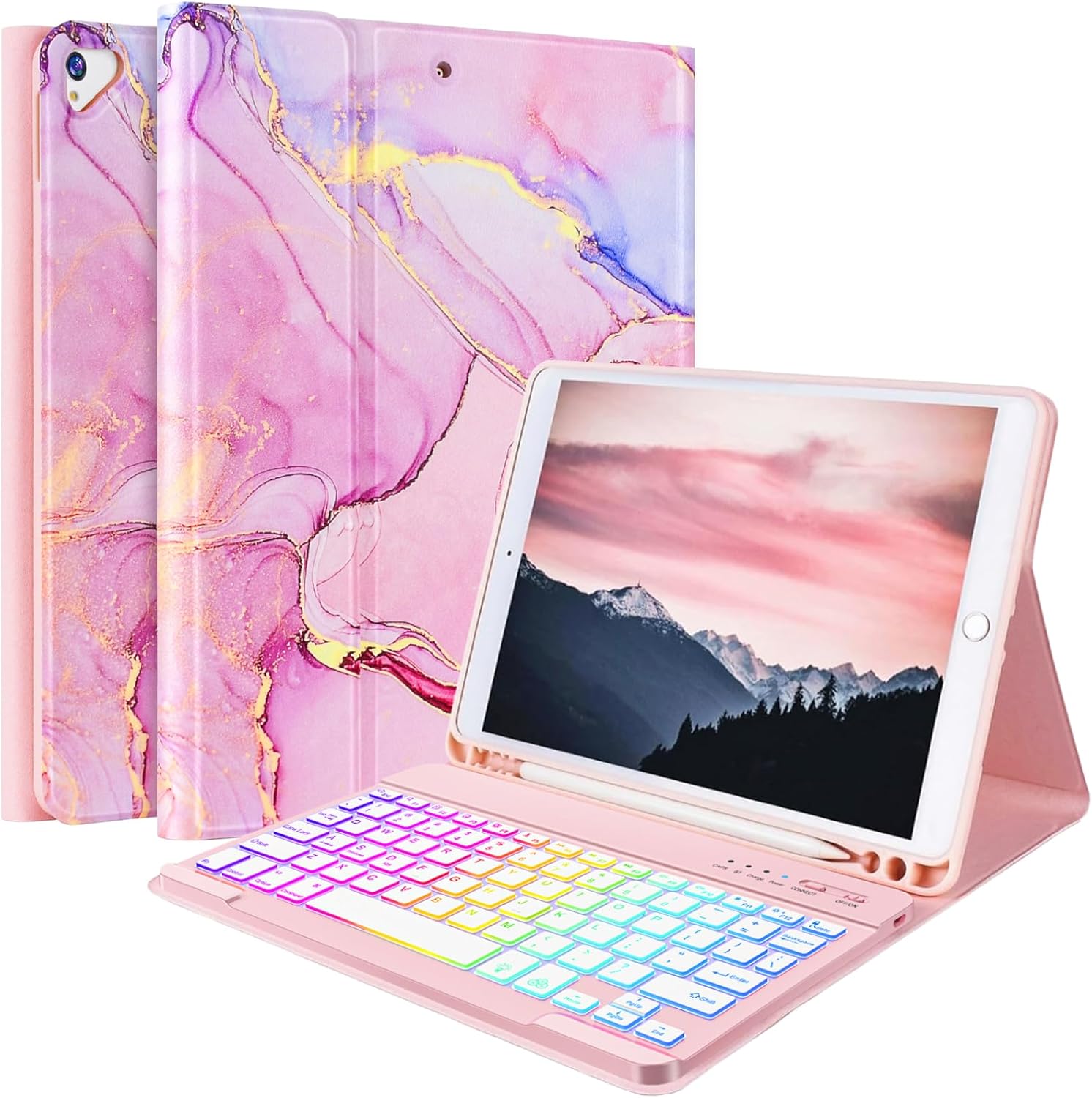 FUWANG iPad 9th generation keyboard case pink marble front view showing backlit keys