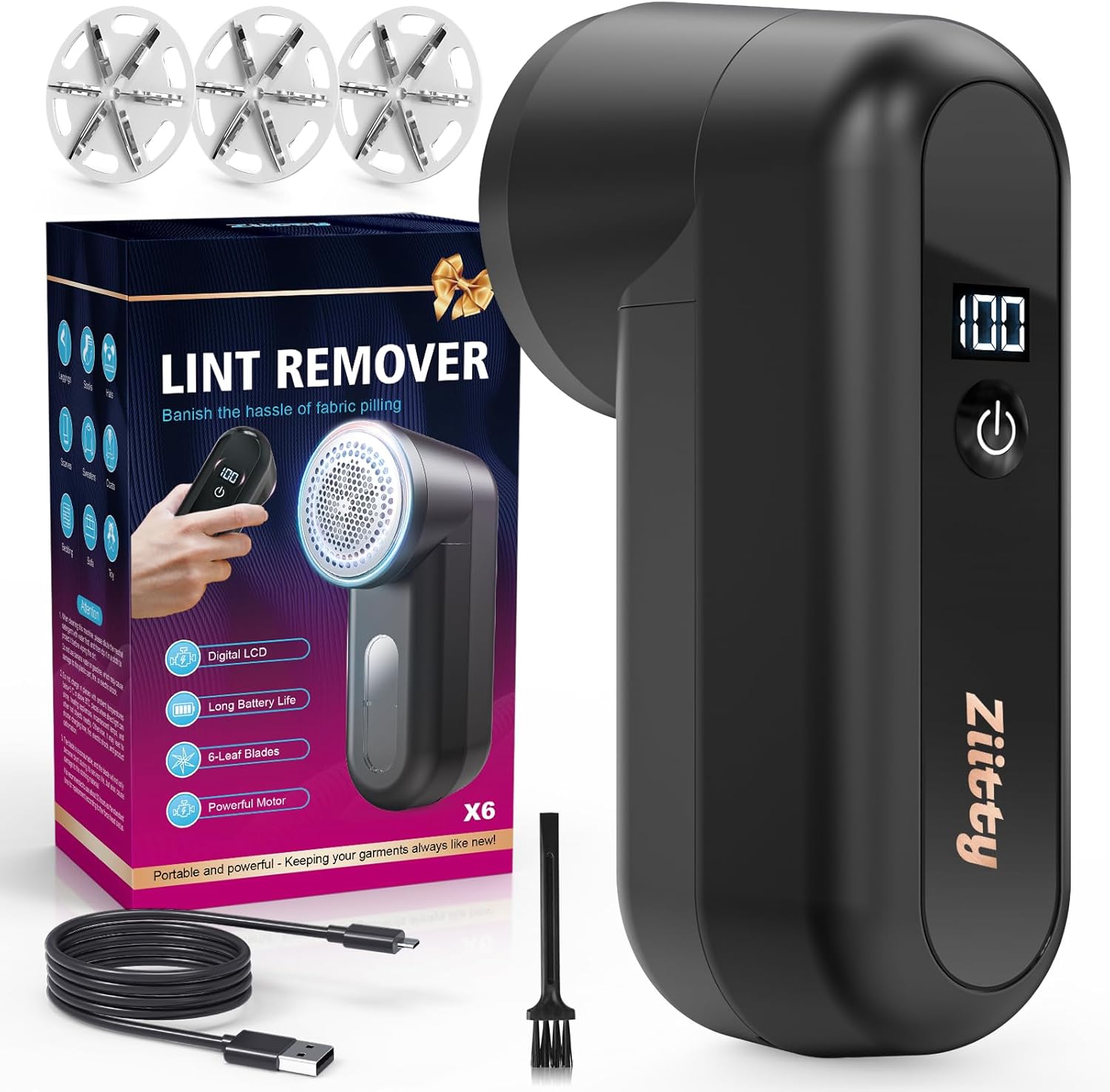 Fabric Shaver, Ziitty Lint Remover for Clothes, Type-C Rechargeable Lint Shaver with LCD Display & 6-Blade, Sweater Shavers to Remove Pilling，Fuzz Remover Fabric Shaver for Clothing and Furniture - Image 1