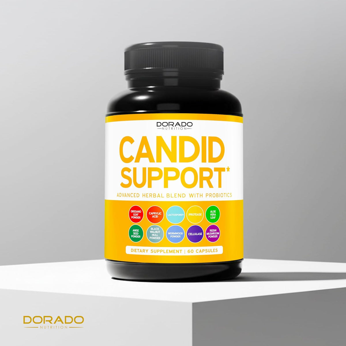 Side profile of Dorado Nutrition Candida Cleanse bottle