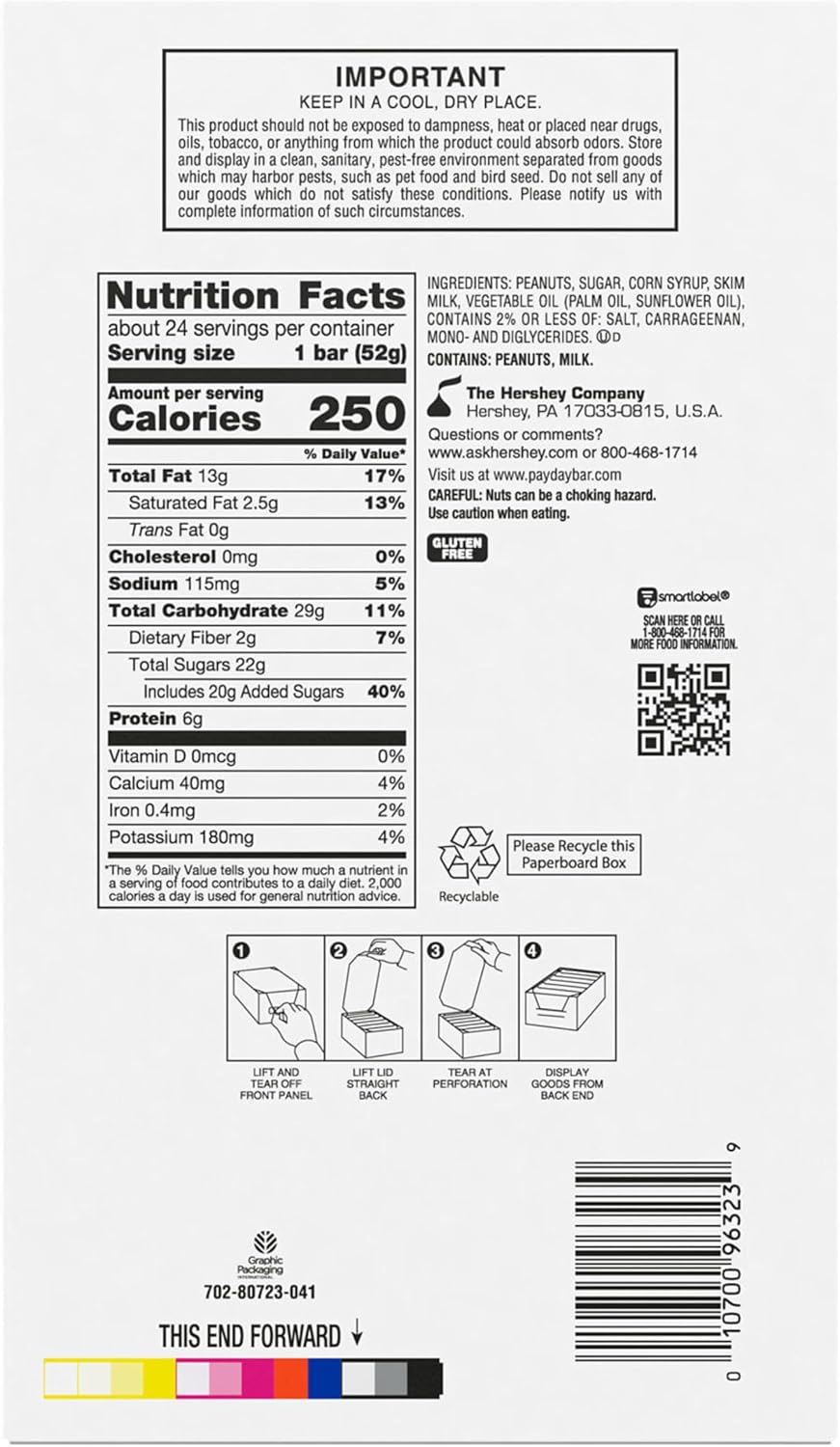 Payday peanut and caramel snack bars showing ingredients label