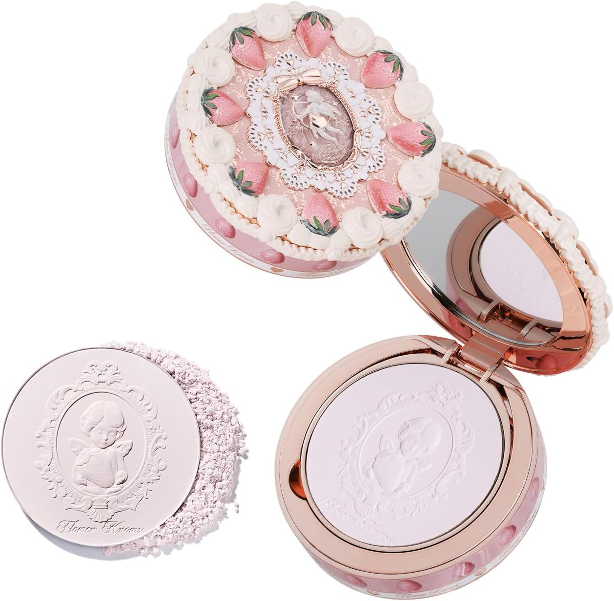 Flower Knows Strawberry Cupid Pressed Powder 01 Soft Lavender front view compact showing detailed vintage design.