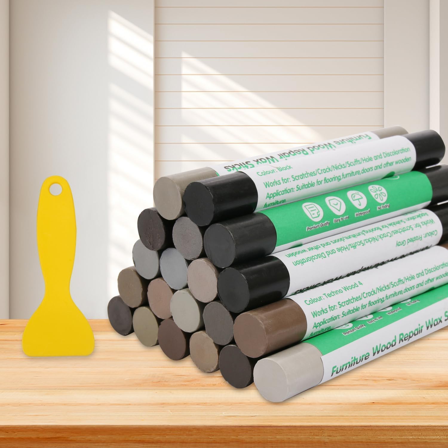 Hosifiy wood filler sticks gray series front packaging view showing twenty repair wax crayons