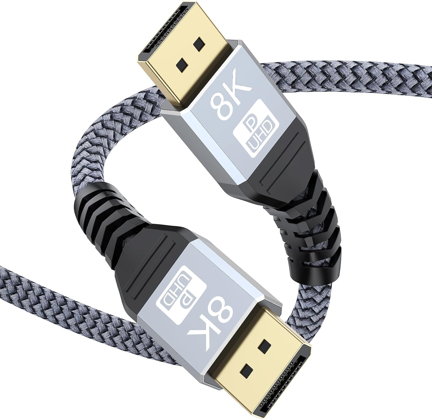 UVOOI 8K DisplayPort Cable front view showing grey braided nylon texture and gold-plated connector.