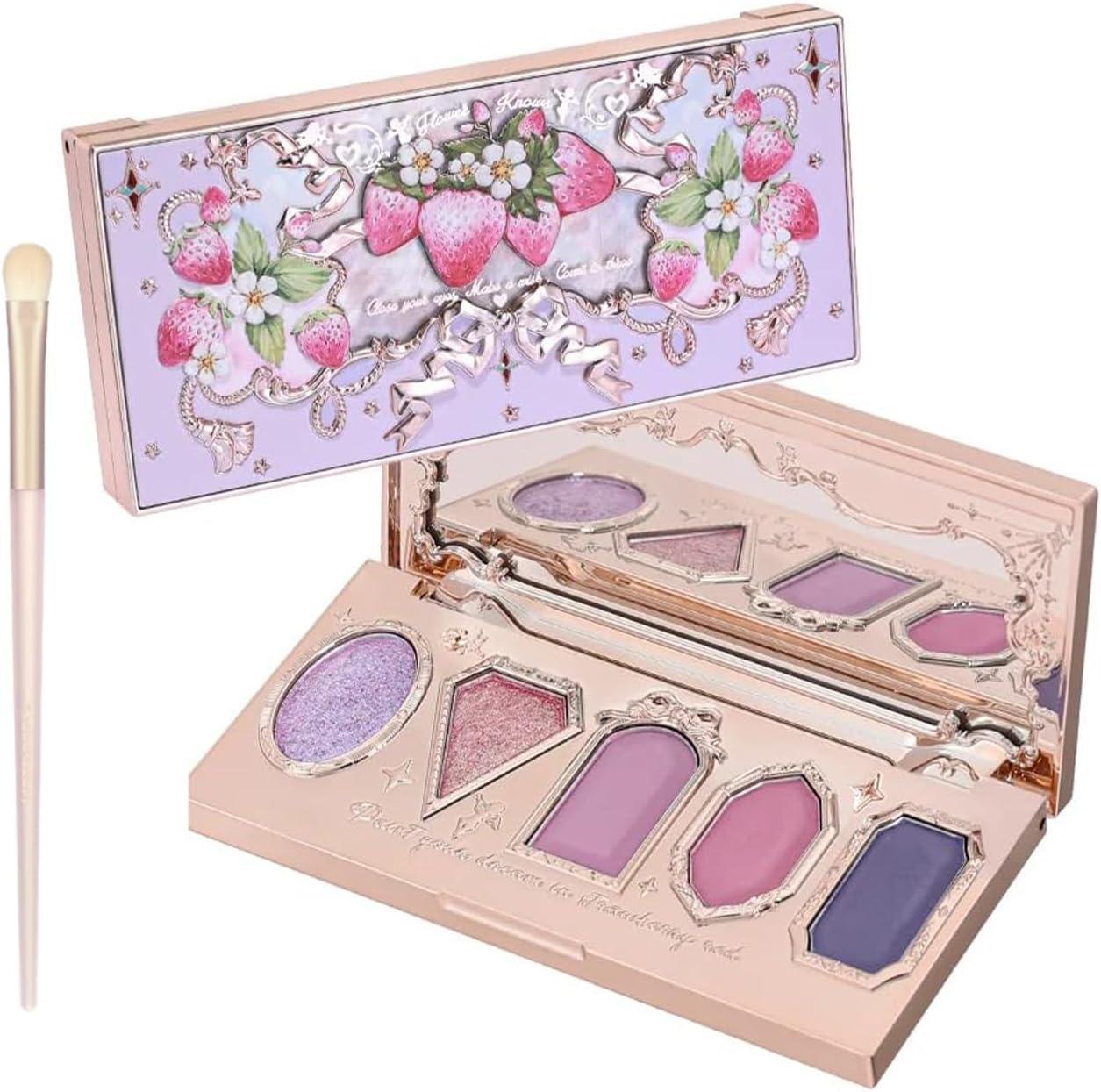 Flower Knows Violet Strawberry Rococo Eyeshadow Palette front view showcasing vintage jewel-encrusted packaging