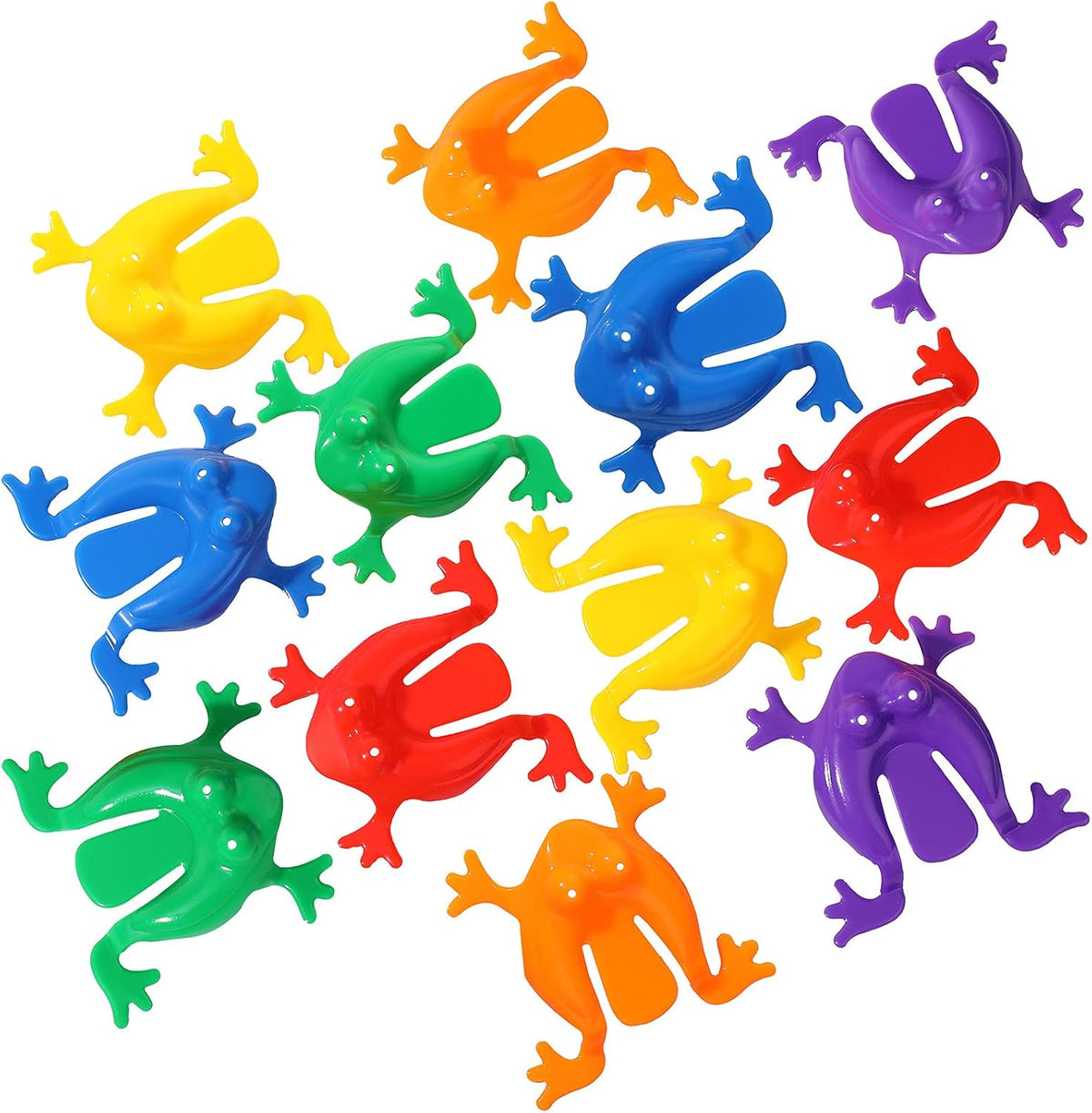 Skylety jumping frog toy set front view of twelve assorted plastic frogs