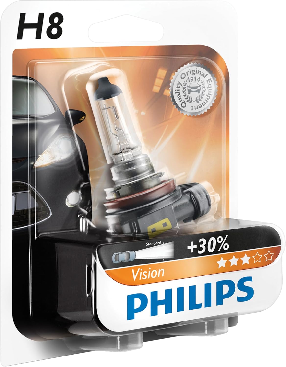 Philips Vision H8 halogen headlight replacement single bulb front view packaging
