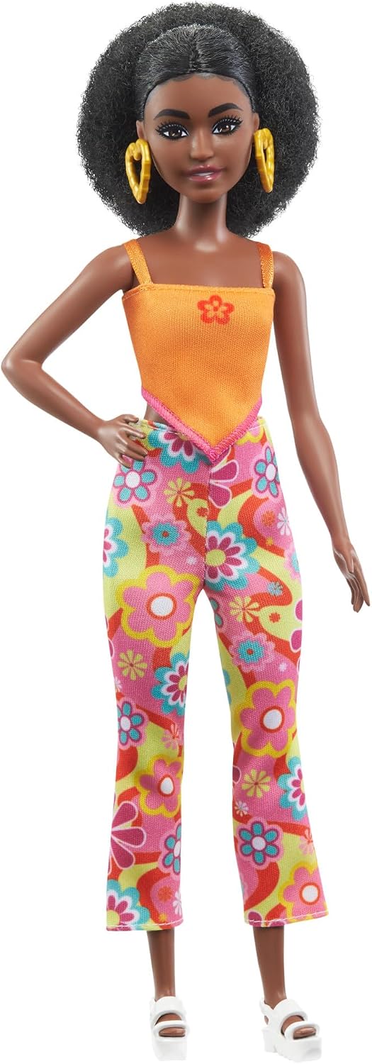 Barbie Fashionistas Doll #198, Petite with Curly Black Hair, Retro Floral Clothes & Accessories Including Platform Sandals & Earrings - Image 1