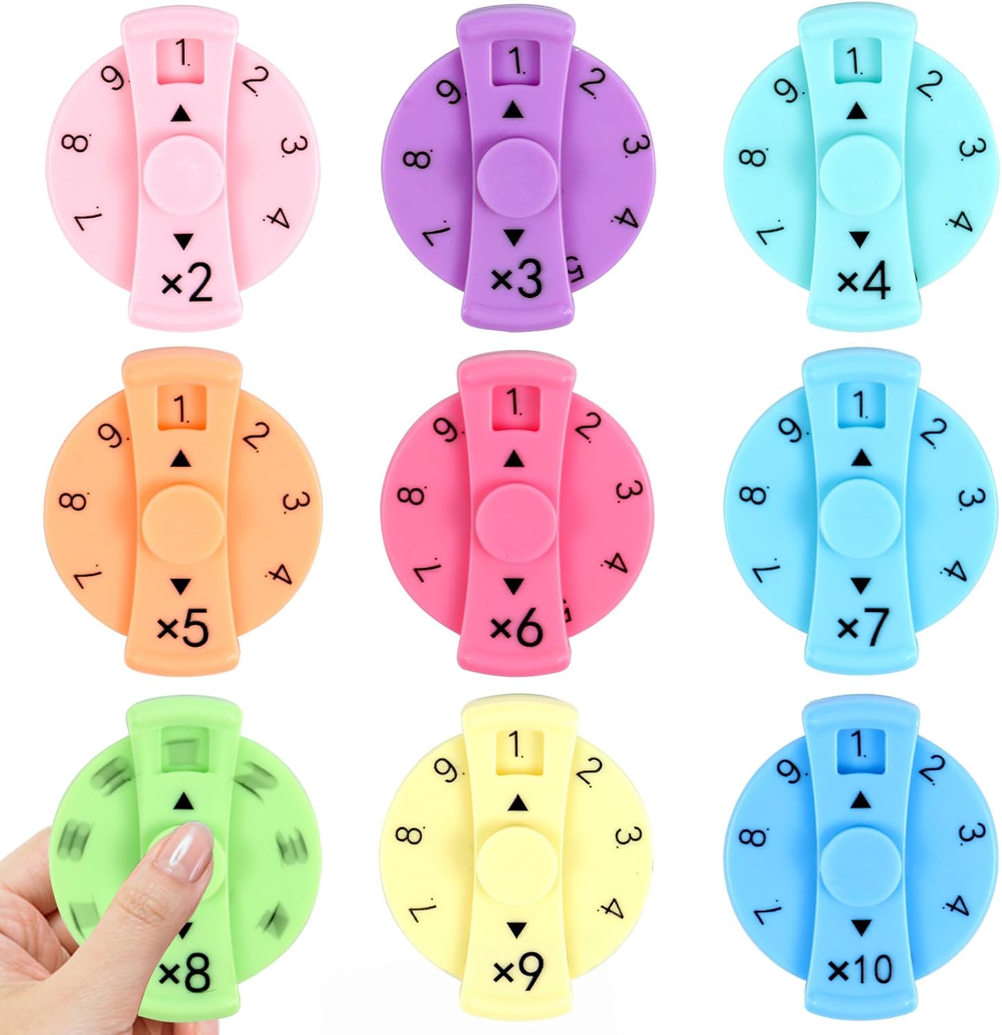 QETRABONE Nine Pieces Math Fidget Spinners front view showing multicolored educational toys.