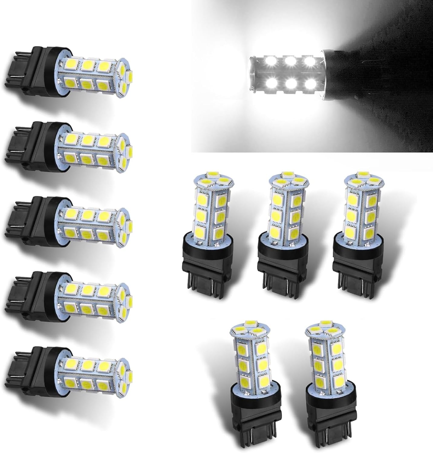 Polcatay 3157 LED Light Bulb pack front view showing ten white automotive replacement bulbs.