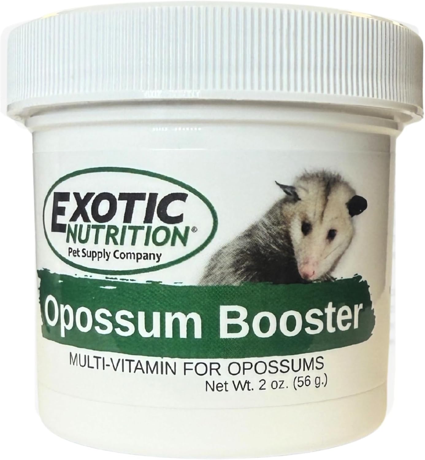 Exotic Nutrition Opossum Booster front view jar packaging of multivitamin powder for pet opossums.