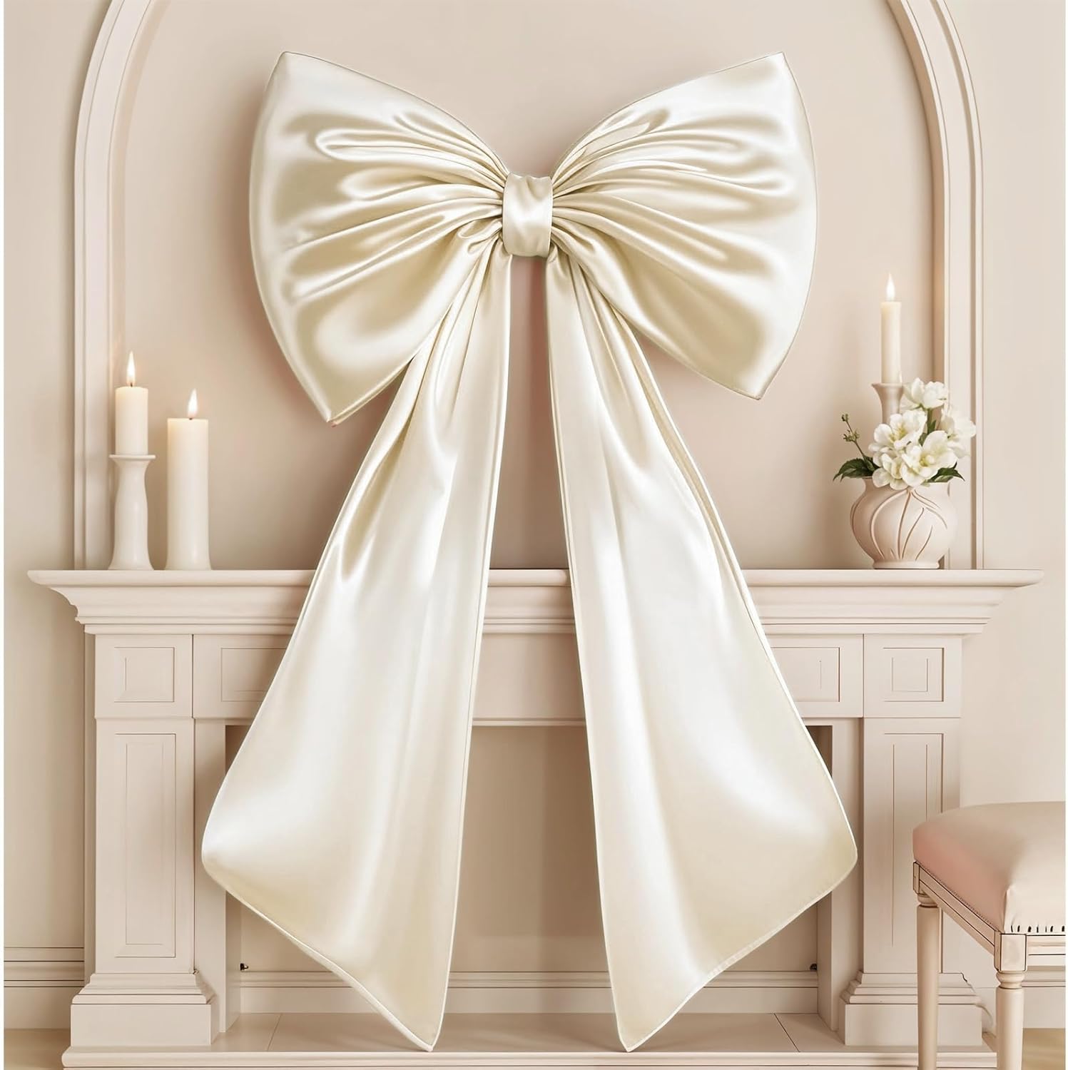 Froova giant cream white satin coquette bow front view for elegant wall decoration