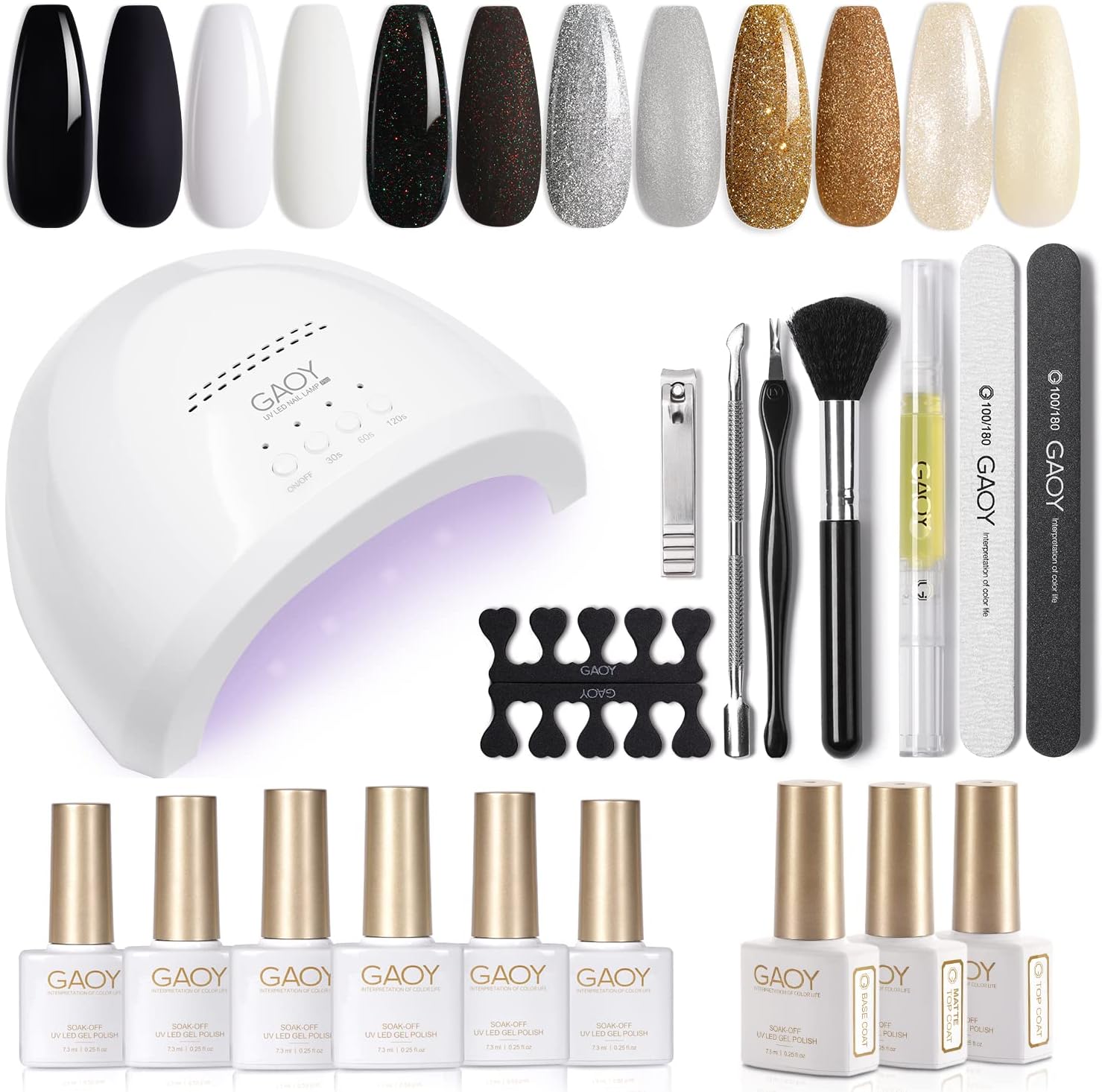 GAOY Gel Nail Polish Kit with UV Light Fast Curing LED Nail Lamp and 6 Gel Polish Colors of Black White Glitter Including Manicure Tools Top/Matte/Base Coat Nail Art Gel Nail Kit - Image 1