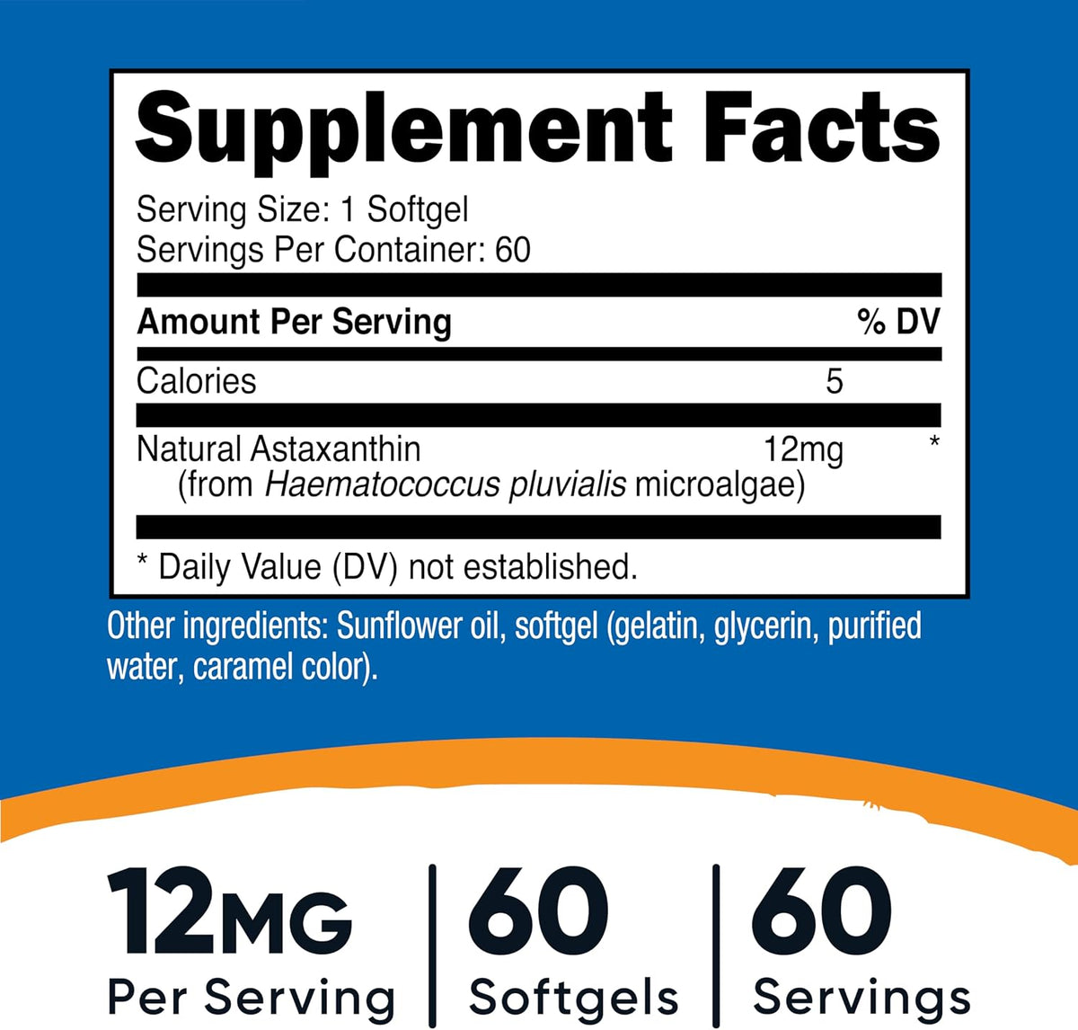 Nutricost astaxanthin dietary supplement nutrition facts label