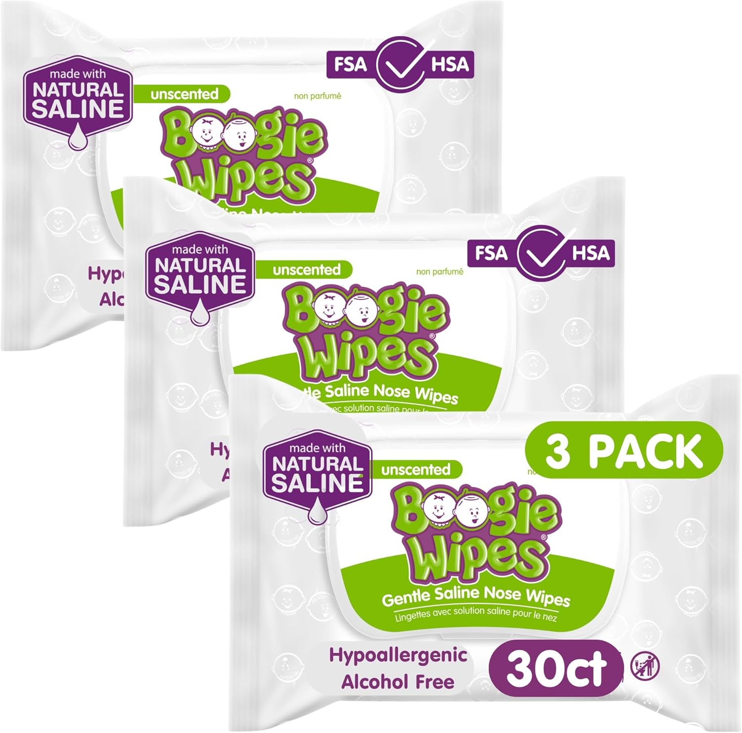 Boogie Wipes, Saline Wipes for Baby & Kids, Nose Booger Wipes for Allergy Relief, Face, Hand & Body, Made with Vitamin E, Aloe and Natural Saline, Unscented, 30 Count (Pack of 3) - Image 1