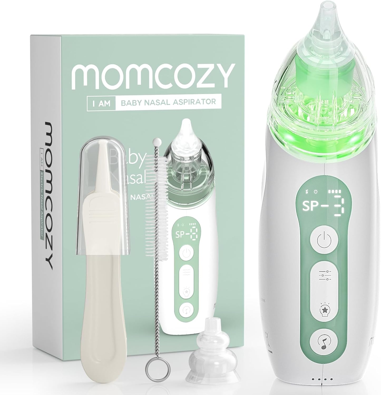 Momcozy baby nasal aspirator front view showing digital display