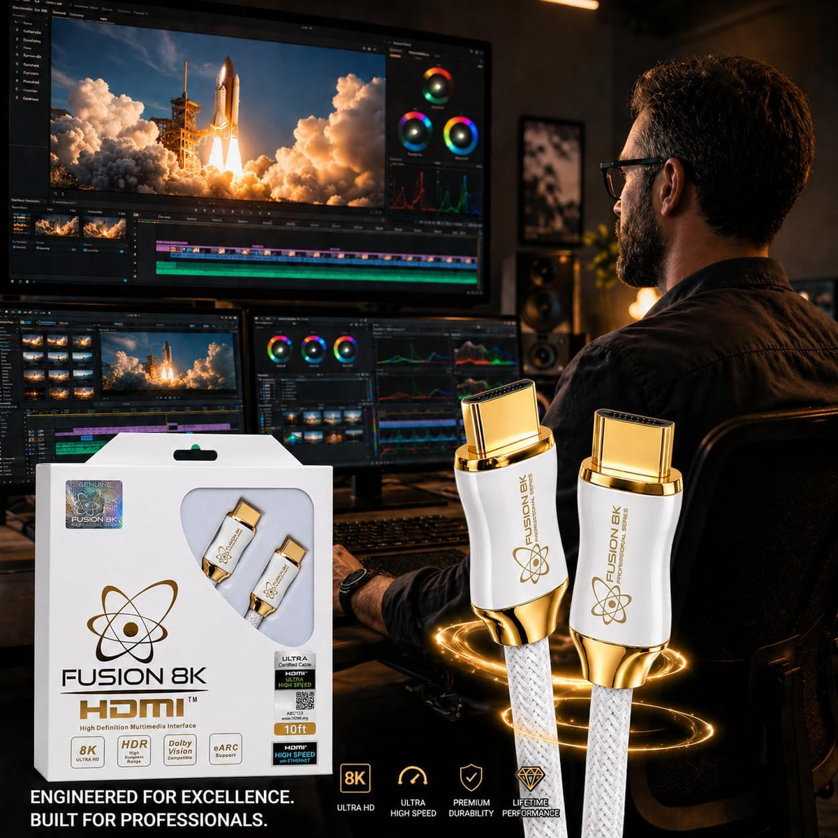 Fusion8K White HDMI 2.1 Cable gold-plated connector close up