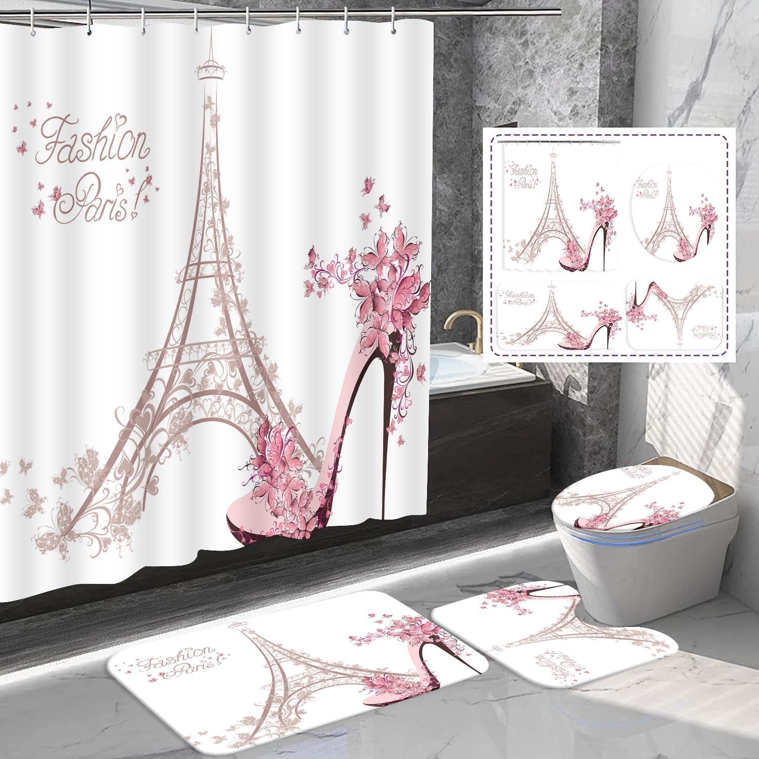 Amagical Paris Eiffel Tower Bathroom Decor Set front view showcasing pink shower curtain and matching mats.