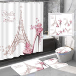 Amagical Paris Eiffel Tower Bathroom Decor Set front view showcasing pink shower curtain and matching mats.