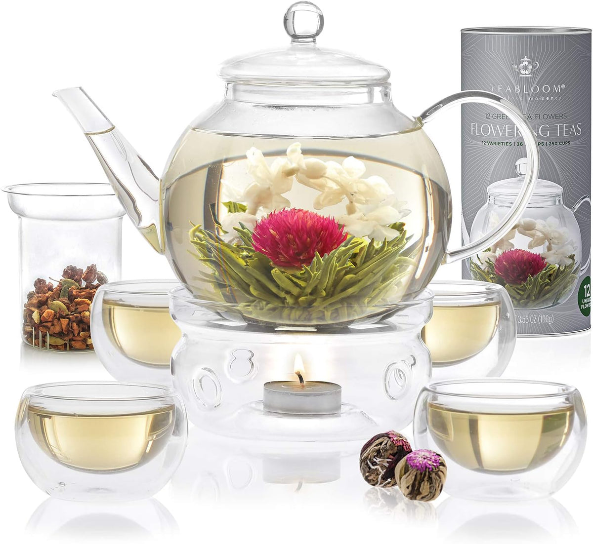 Teabloom complete glass tea set front view showing teapot and cups