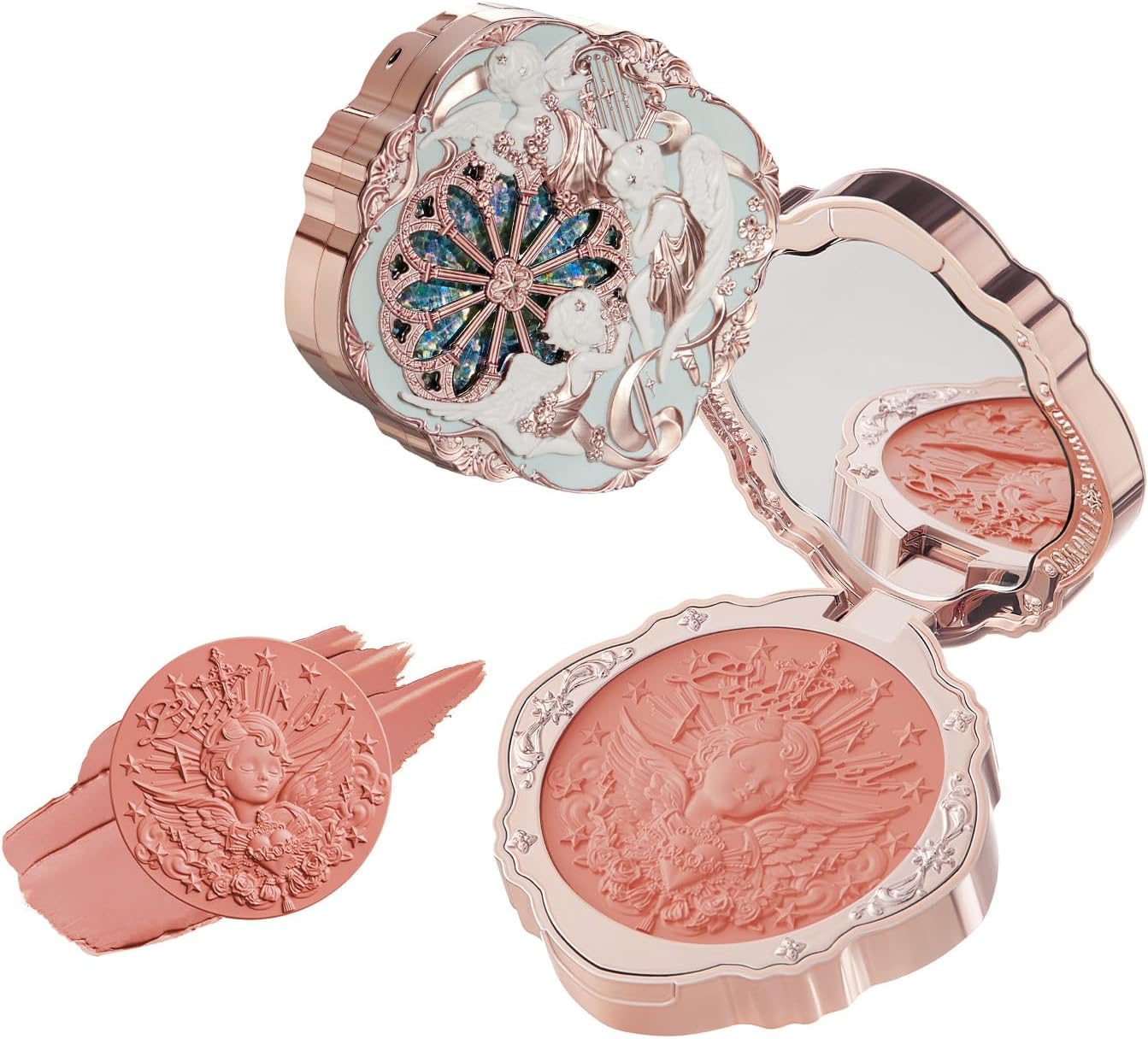 Flower Knows Little Angel Cream Blush front view of medieval rose window compact.