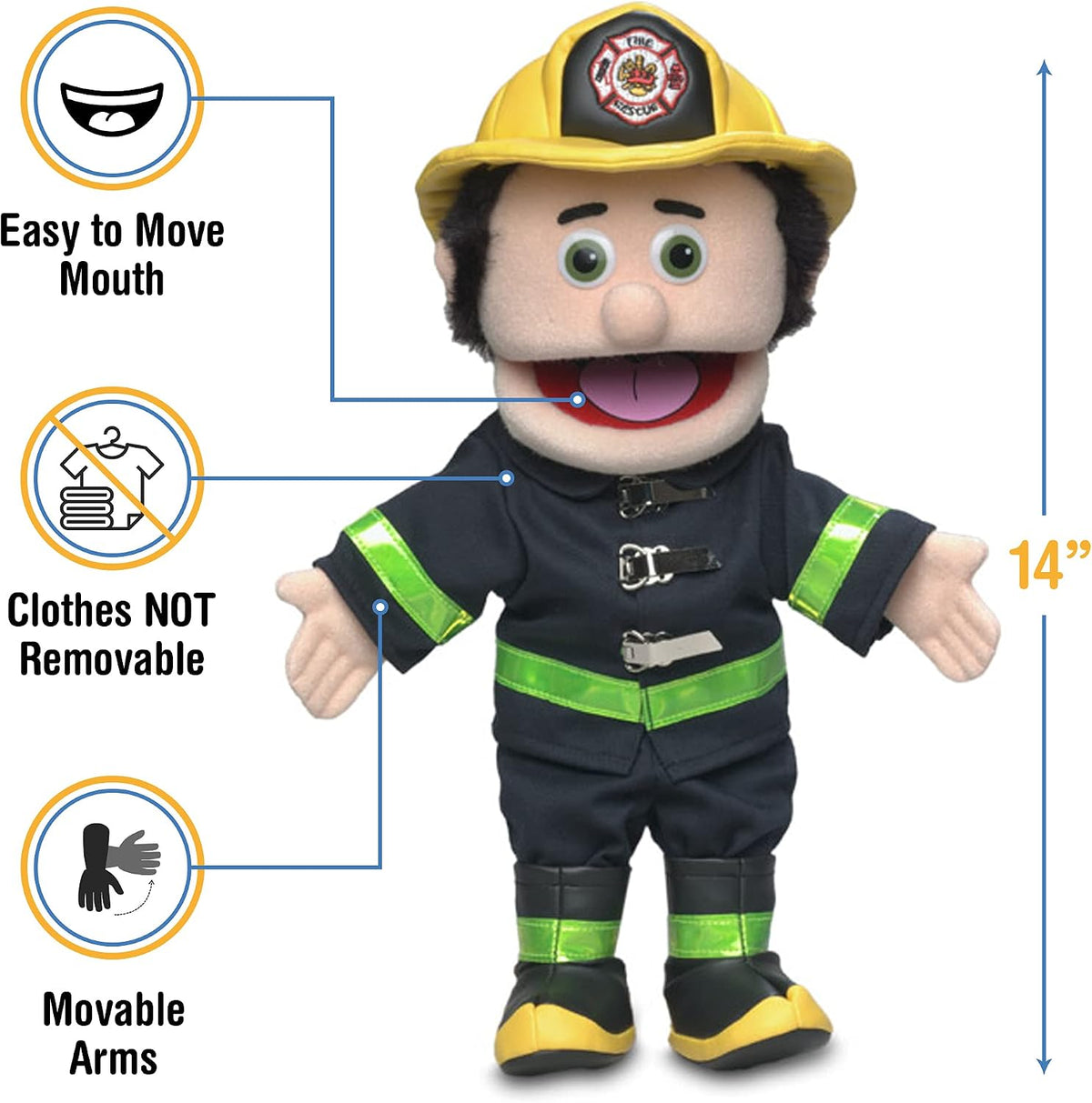Silly Puppets 14 inch firefighter toy yellow helmet