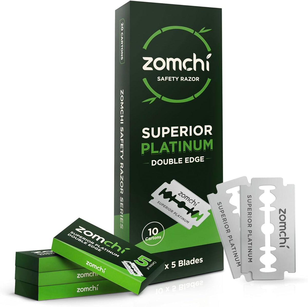 Zomchi 50 count double edge razor blades front packaging view