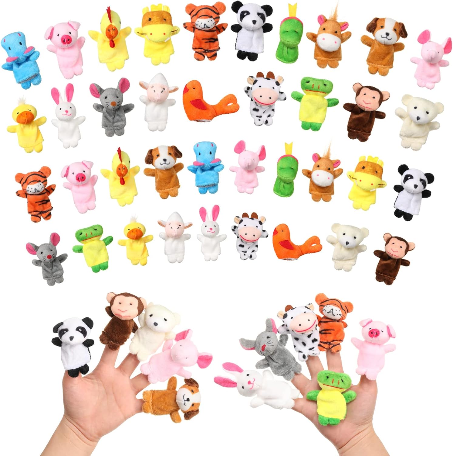 Sosation sixty piece animal finger puppets set front view featuring various plush velvet characters for storytelling.