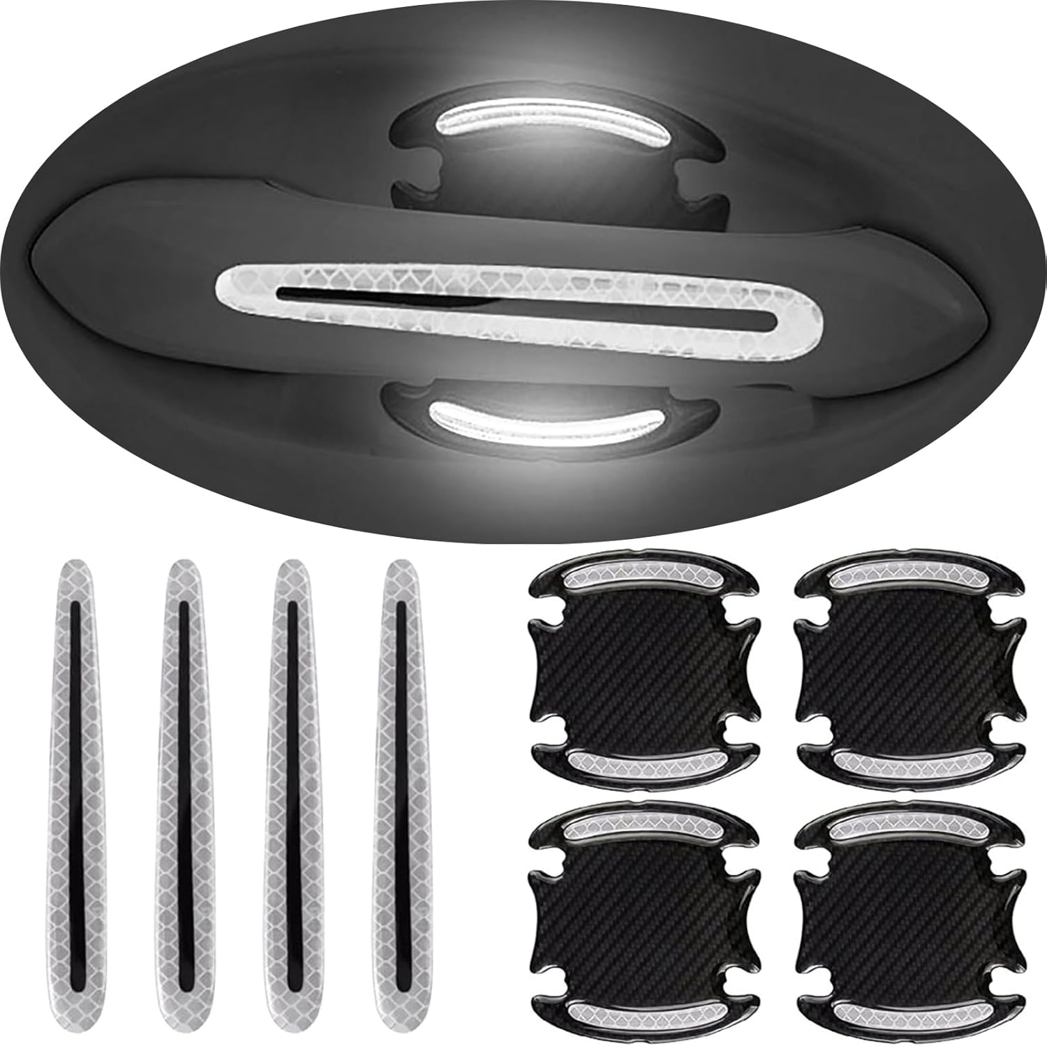 Kelenate car door handle cup protector white pack front view showing carbon fiber sheets