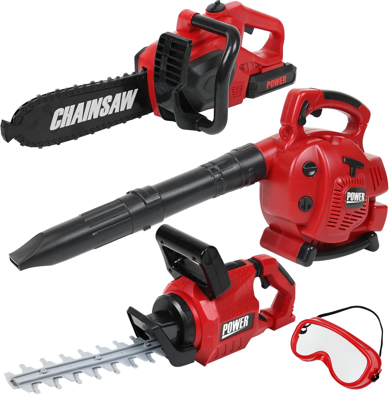 TeganPlay Power Garden Tools Set for kids front view showcasing toy leaf blower and chainsaw