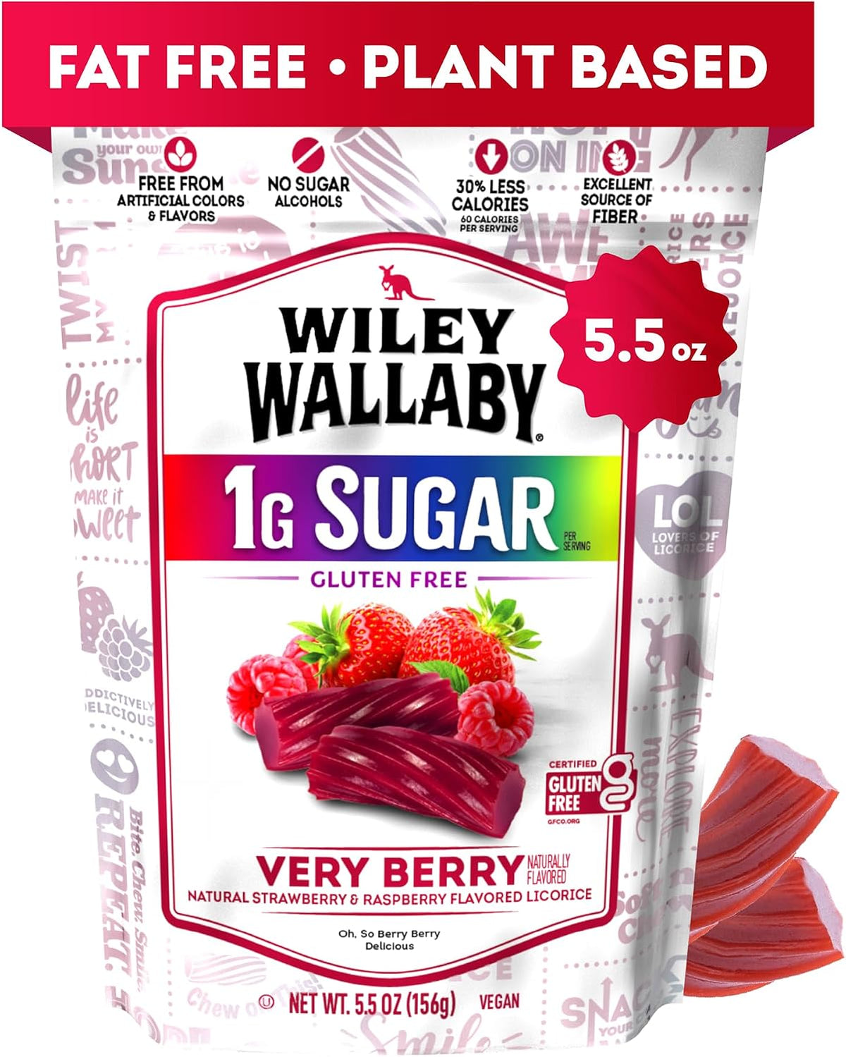 Wiley Wallaby Low Sugar Gluten Free Licorice | Soft Chewy Licorice | Watermelon and Very Berry Flavors | 5.5 Ounce | 2 Pack - Image 10