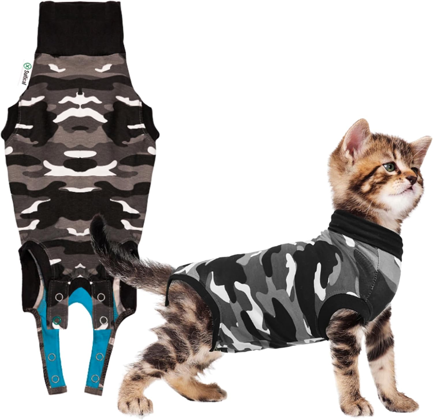 Suitical Recovery Suit for Cats in black camouflage front view